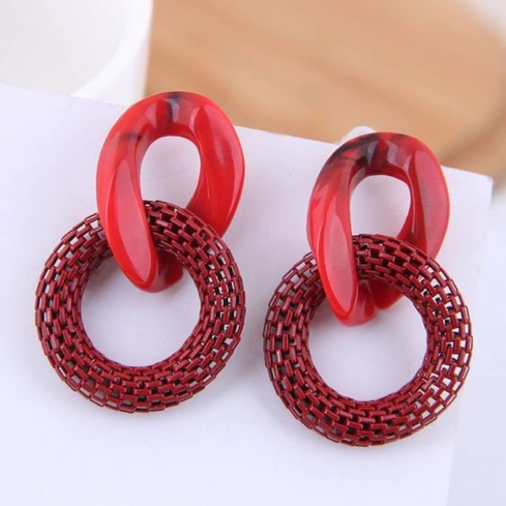 Popping Red Marble Hoop Chain Drop Earrings